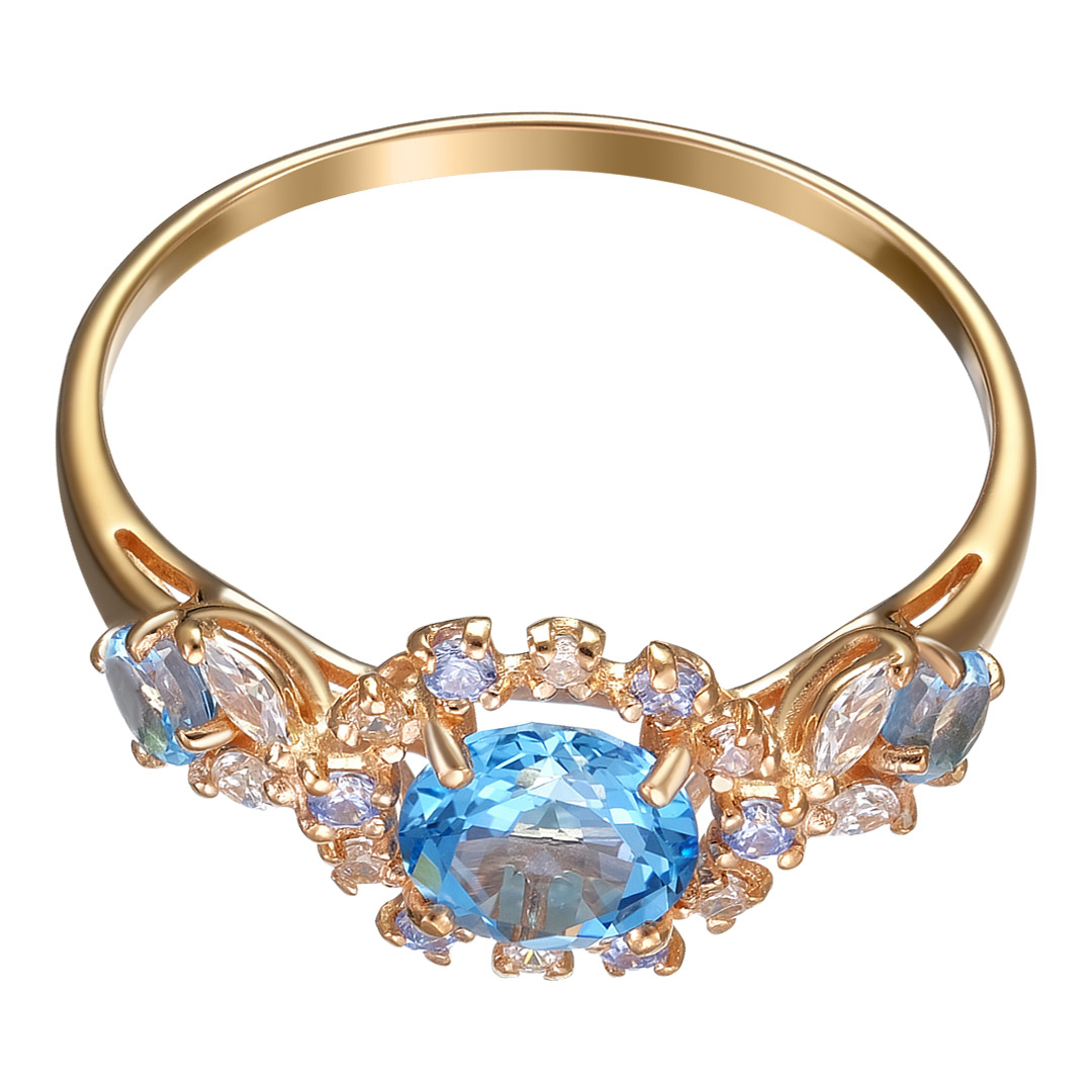 Серебряное кольцо 925 пробы; вставки 3 Топаз Швейцарский; 4 Фианит SWAROVSKI бесцв.; 6 Фианит голубо