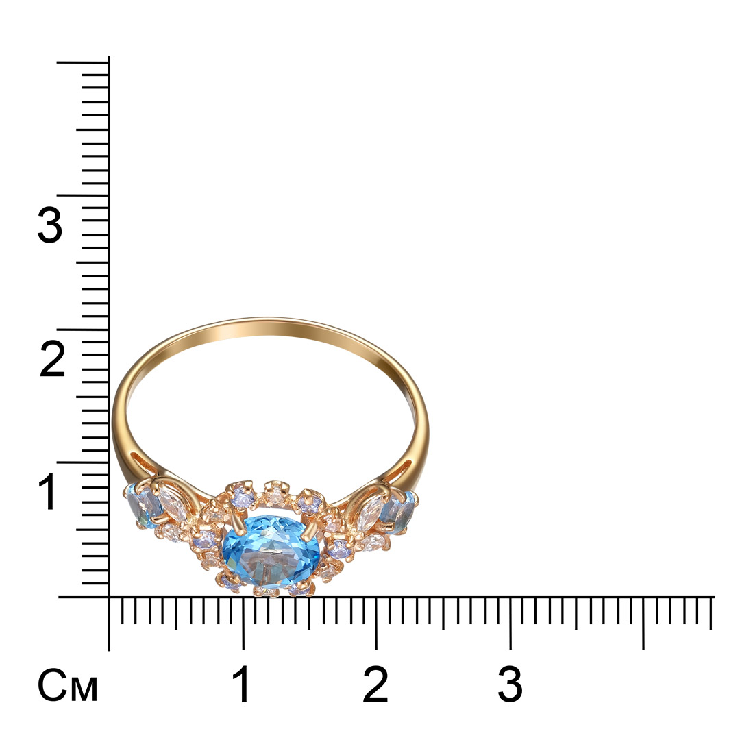 Серебряное кольцо 925 пробы; вставки 3 Топаз Швейцарский; 4 Фианит SWAROVSKI бесцв.; 6 Фианит голубо