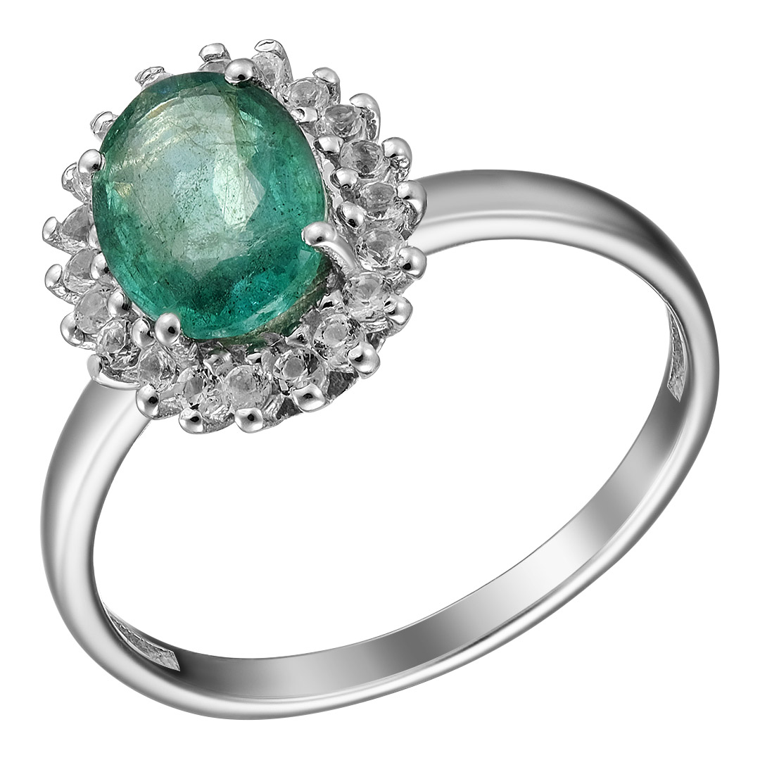 Серебряное кольцо 925 пробы; вставки 1 Изумруд 1,8ct F4/Г3; 20 Топаз белый 0,25ct;