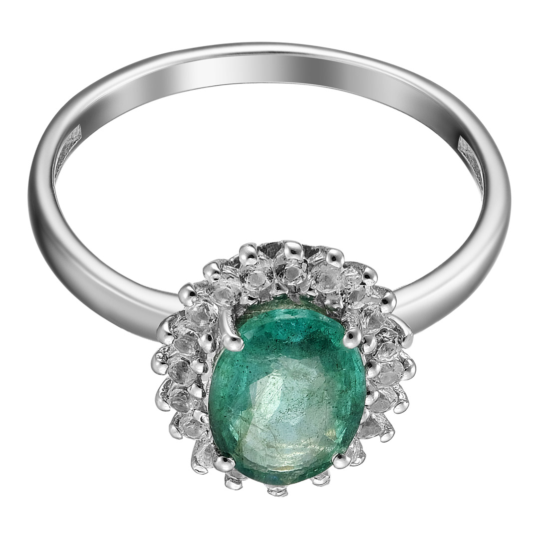 Серебряное кольцо 925 пробы; вставки 1 Изумруд 1,8ct F4/Г3; 20 Топаз белый 0,25ct;