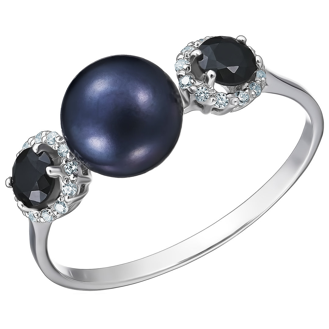 Серебряное кольцо 925 пробы; вставки 1 Жемчуг культ. черн.; 24 Фианит бесцв.; 2 Шпинель черн.;