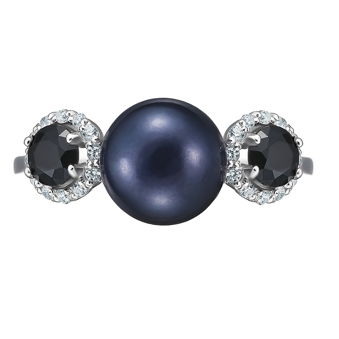 Серебряное кольцо 925 пробы; вставки 1 Жемчуг культ. черн.; 24 Фианит бесцв.; 2 Шпинель черн.;