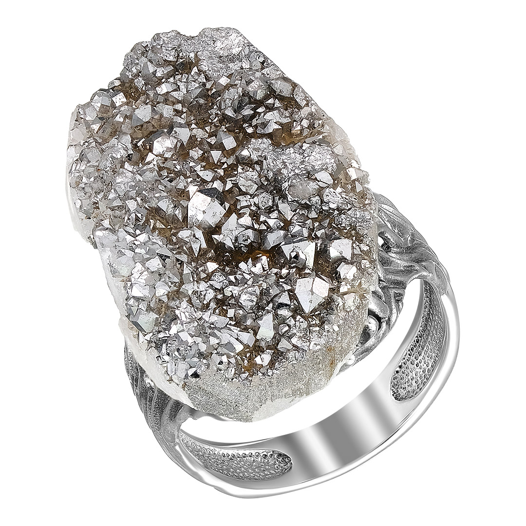 Серебряное кольцо 925 пробы; оксидирование; вставки 1 Кварц жеода серый;