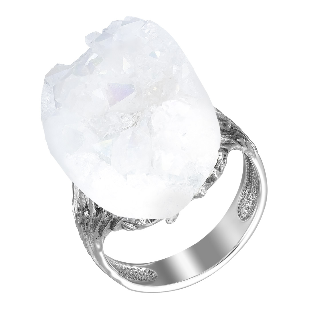 Серебряное кольцо 925 пробы; оксидирование; вставки 1 Кварц жеода белый;