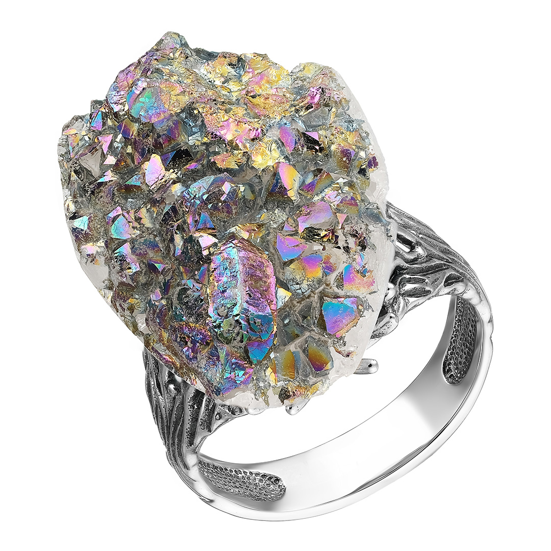 Серебряное кольцо 925 пробы; оксидирование; вставки 1 Кварц жеода;