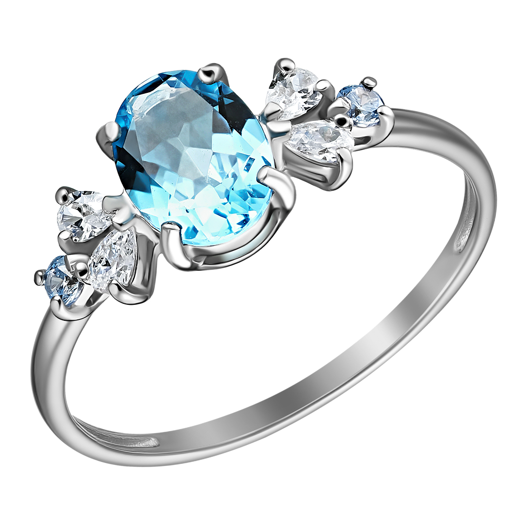 Серебряное кольцо 925 пробы; вставки 1 Топаз Швейцарский; 6 Фианит (голубой, бесцв.);
