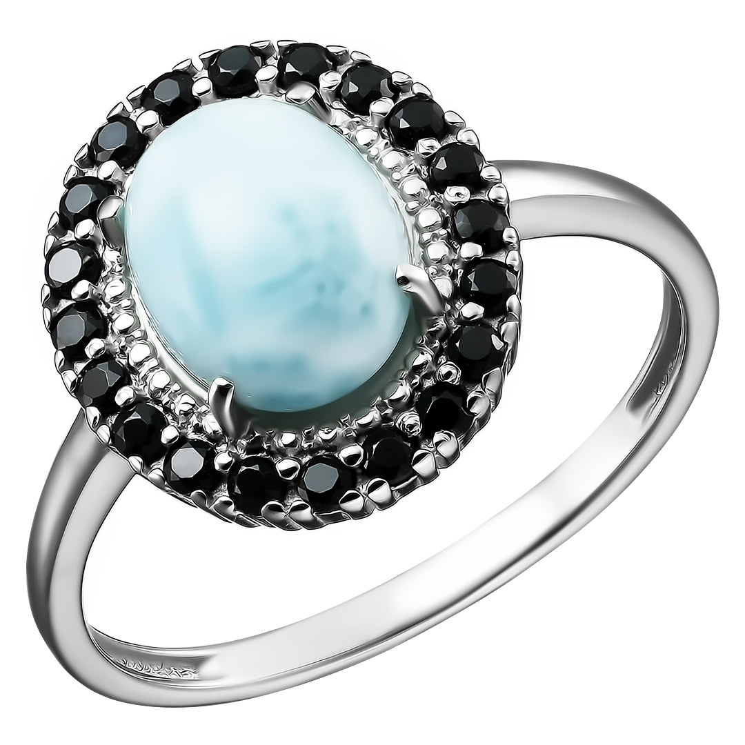 Серебряное кольцо 925 пробы; вставки 1 Ларимар; 20 Шпинель черная;