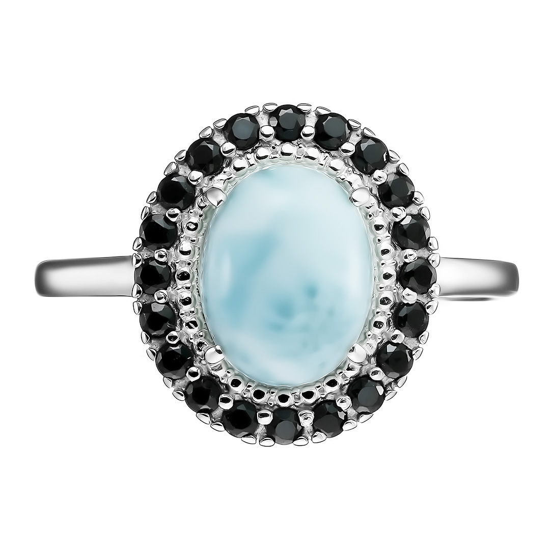 Серебряное кольцо 925 пробы; вставки 1 Ларимар; 20 Шпинель черная;
