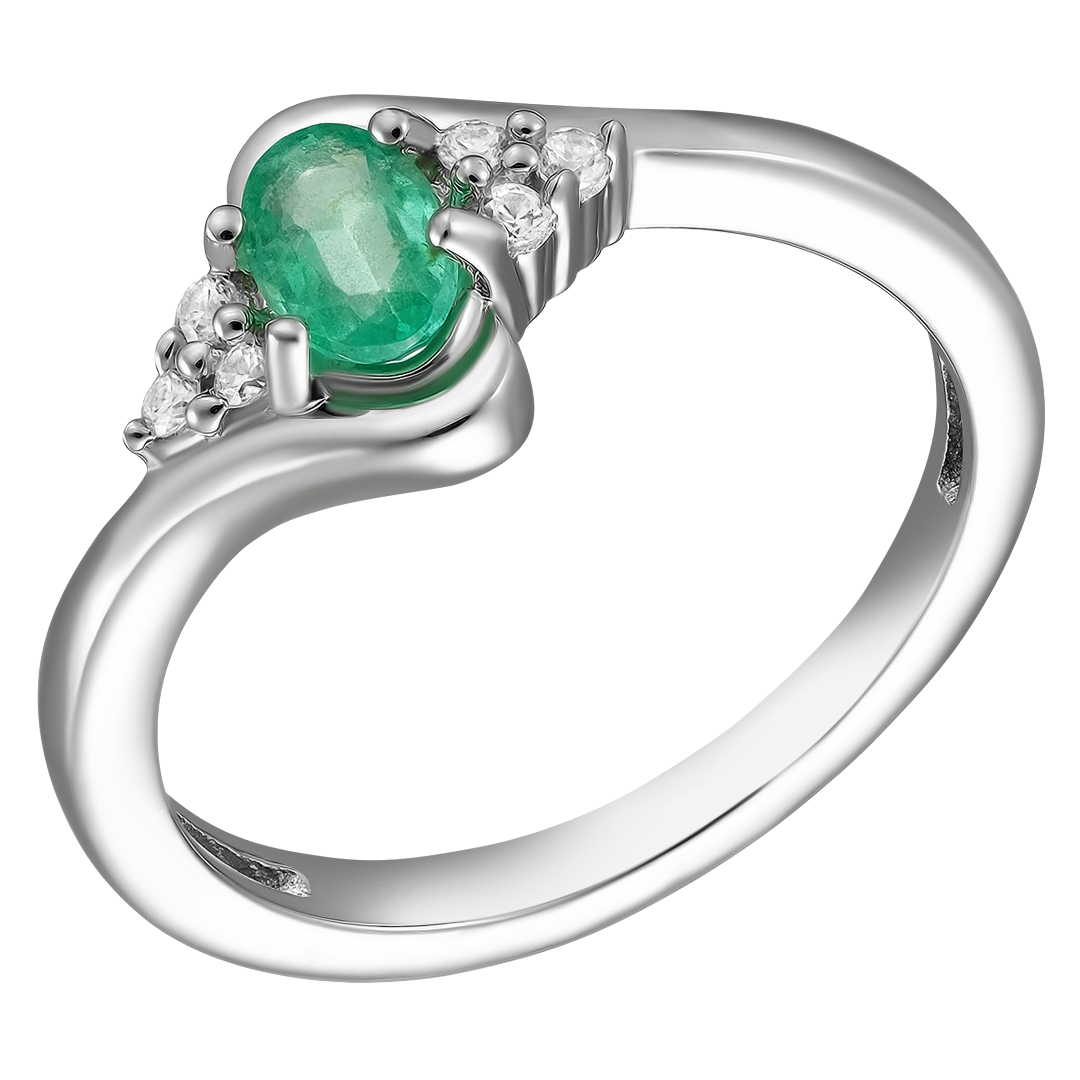 Серебряное кольцо 925 пробы; вставки 1 Изумруд (F) 0,43 4/Г3; 6 Циркон бесцв. 0,13ct;