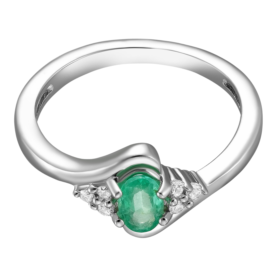 Серебряное кольцо 925 пробы; вставки 1 Изумруд (F) 0,43 4/Г3; 6 Циркон бесцв. 0,13ct;