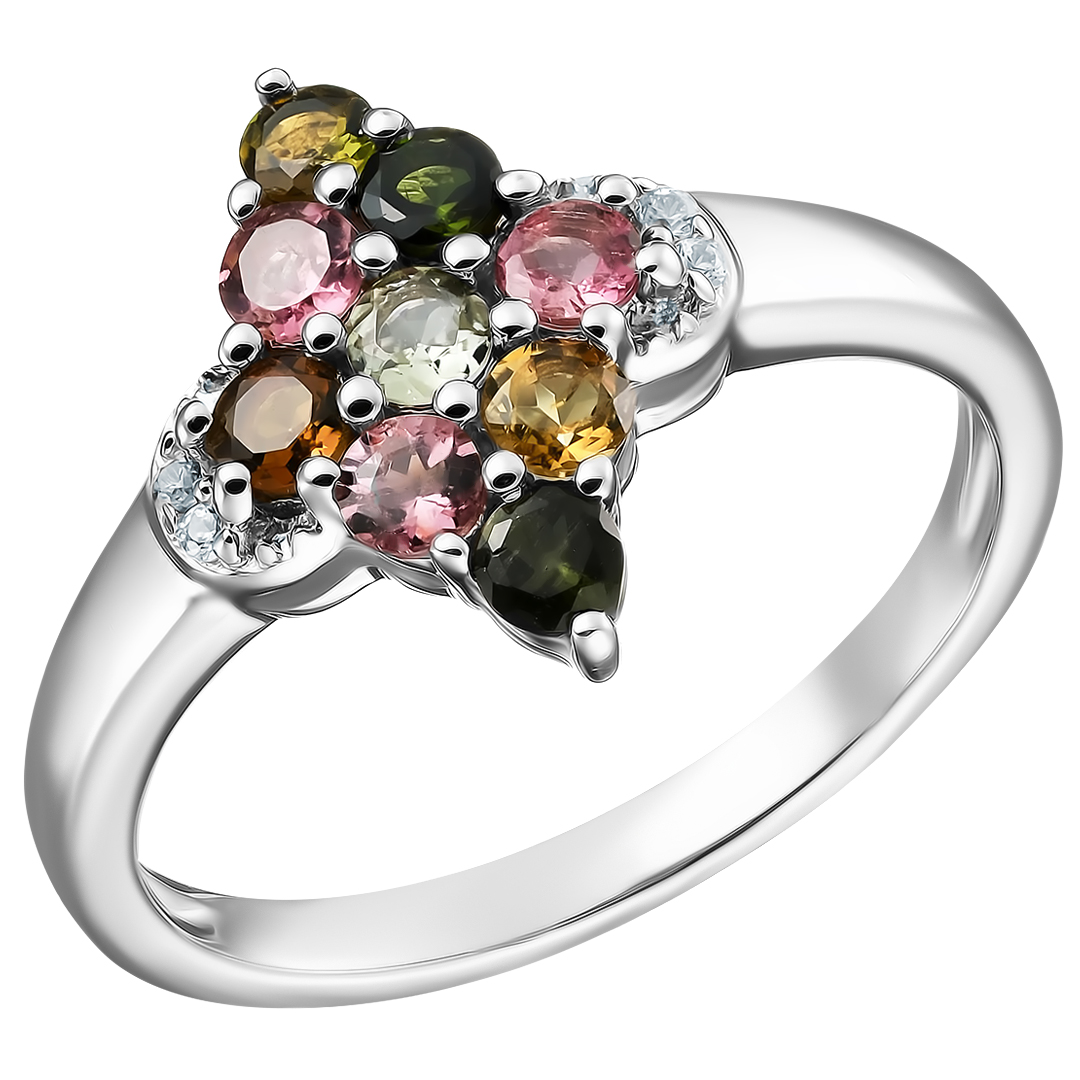 Серебряное кольцо 925 пробы; вставки 9 Турмалин разноцв. 1 ct; 4 Циркон бесцв. 0,05ct;