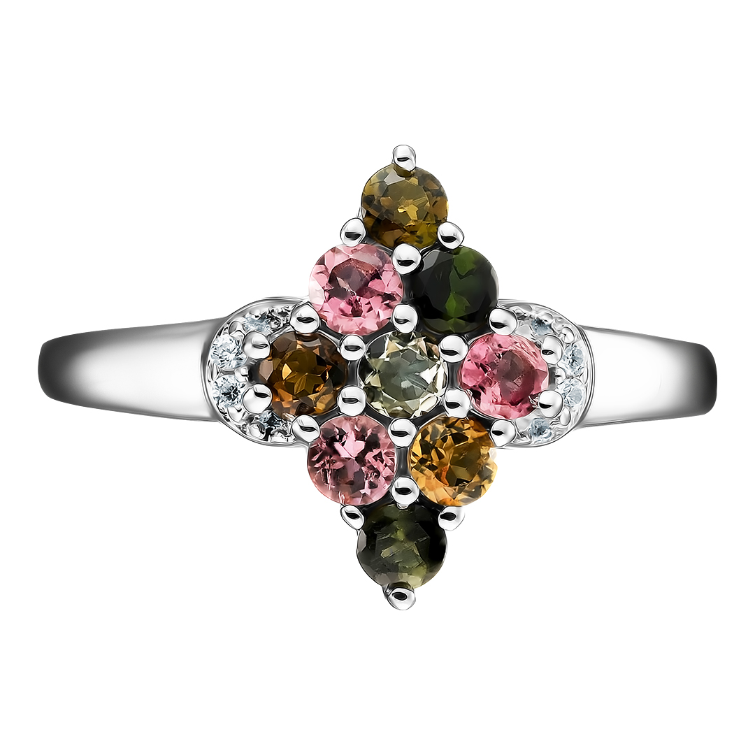 Серебряное кольцо 925 пробы; вставки 9 Турмалин разноцв. 1 ct; 4 Циркон бесцв. 0,05ct;