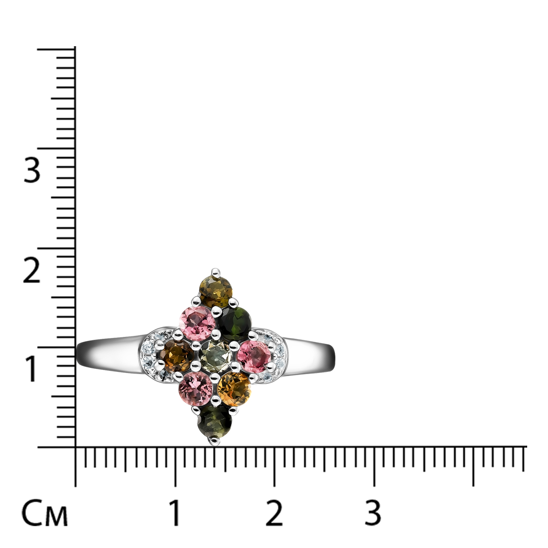 Серебряное кольцо 925 пробы; вставки 9 Турмалин разноцв. 1 ct; 4 Циркон бесцв. 0,05ct;