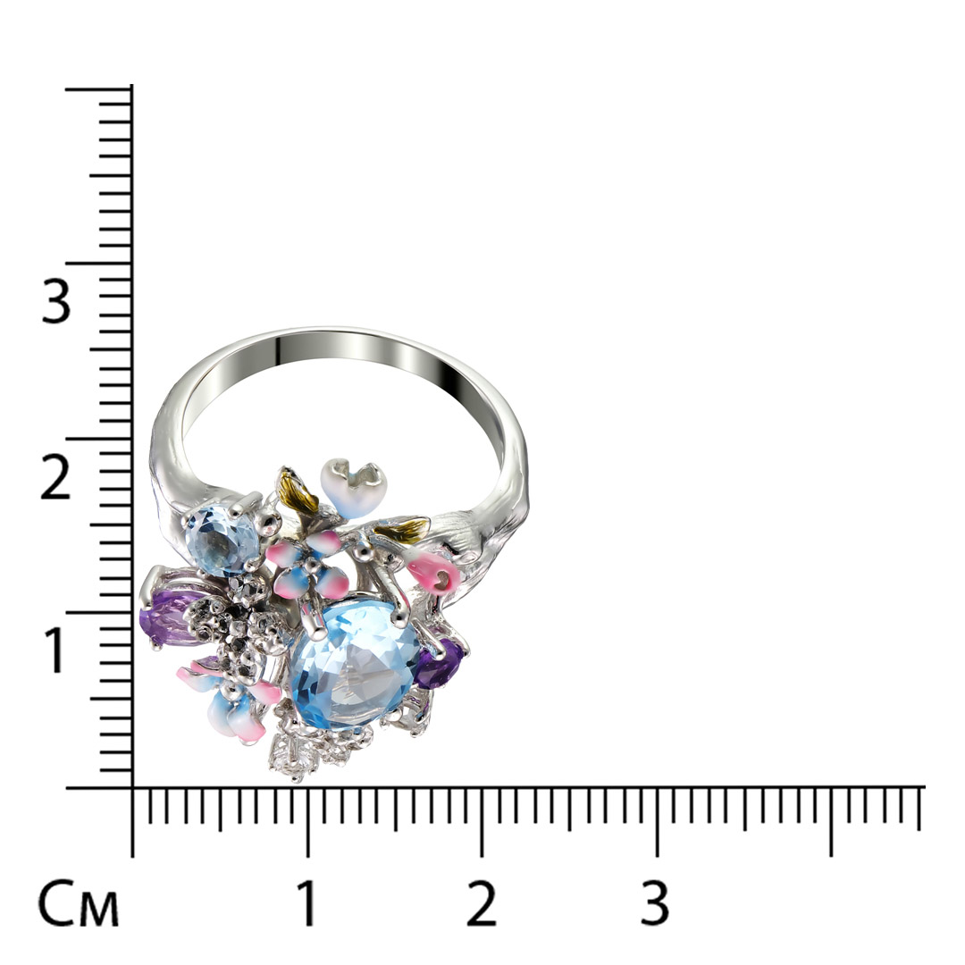 Серебряное кольцо 925 пробы; вставки 2 Аметист; 2 Топаз Sky; 26 Топаз белый; Эмаль цветная;