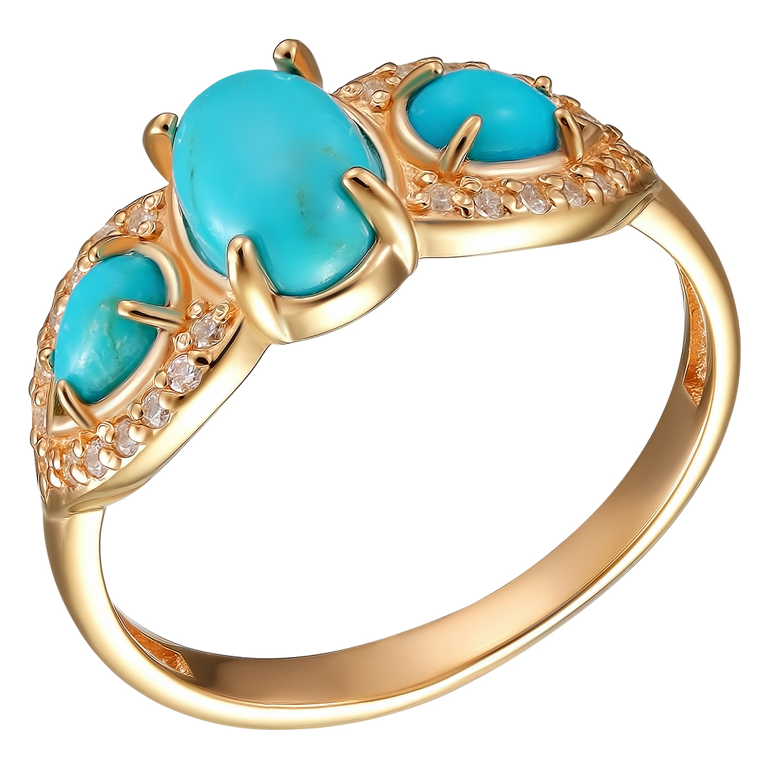 Серебряное кольцо 925 пробы; вставки 3 Бирюза нат.; 26 Фианит бесцв.;