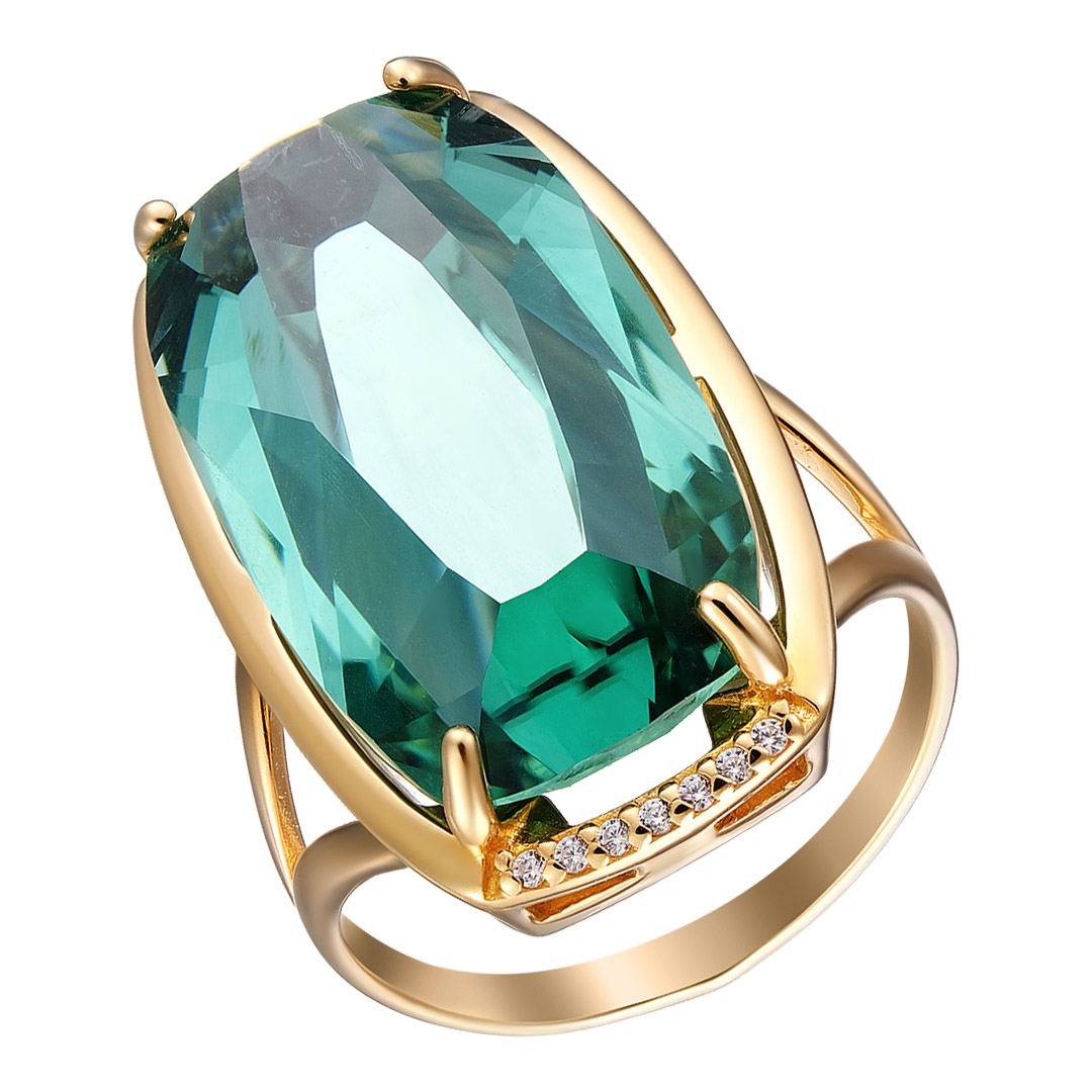 Серебряное кольцо 925 пробы; вставки 1 Празиолит; 14 Фианит бесцв.;