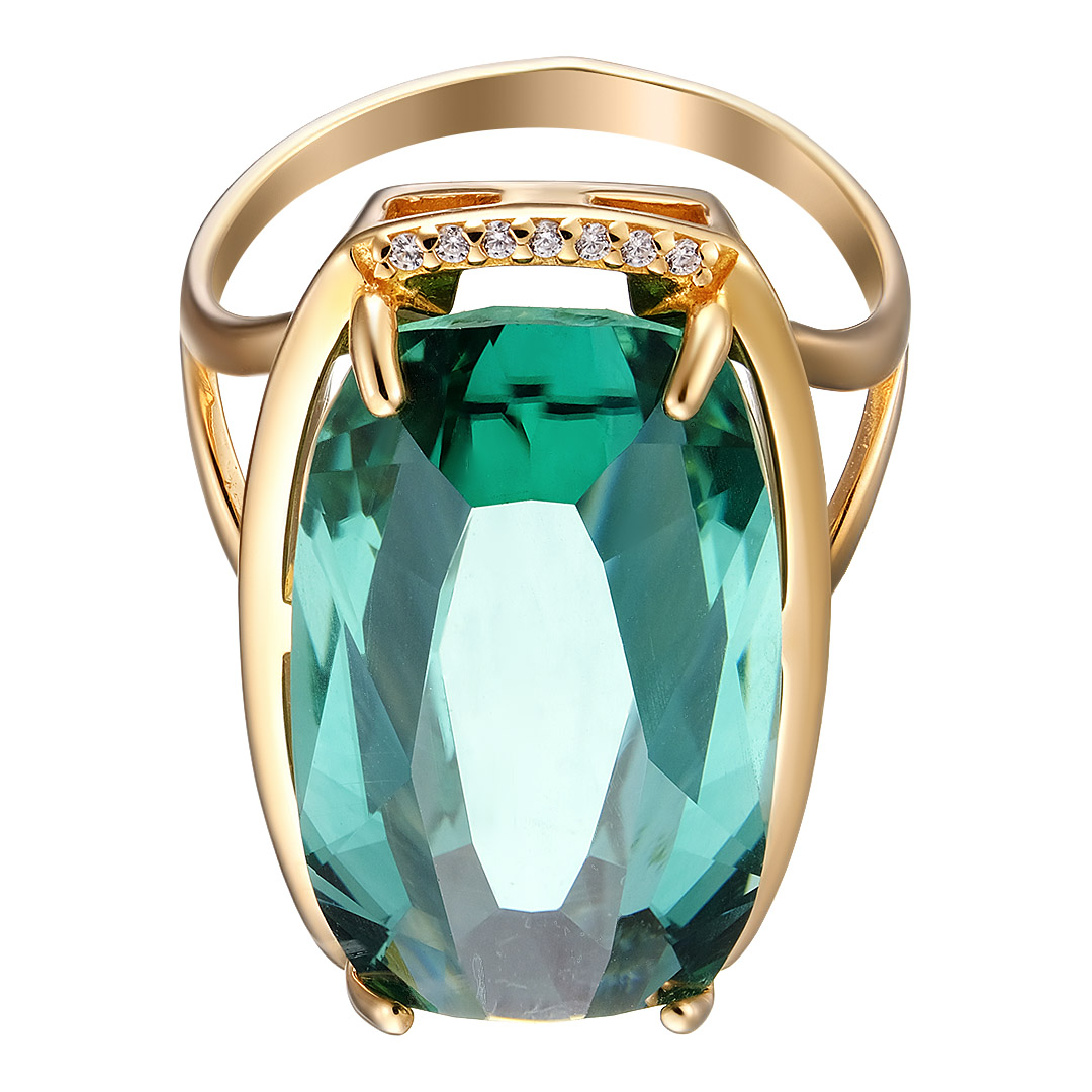Серебряное кольцо 925 пробы; вставки 1 Празиолит; 14 Фианит бесцв.;