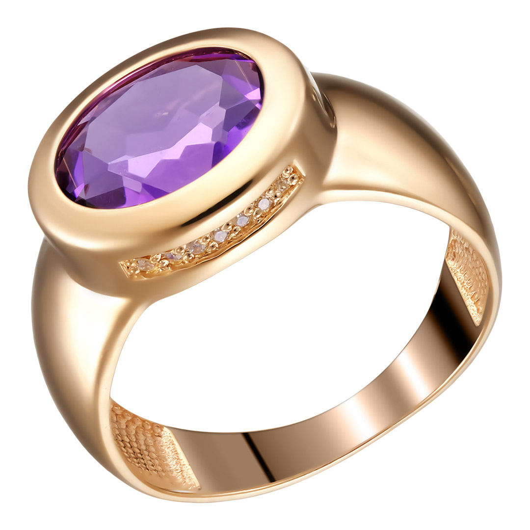 Серебряное кольцо 925 пробы; вставки 1 Аметист; 14 Фианит бесцв.;