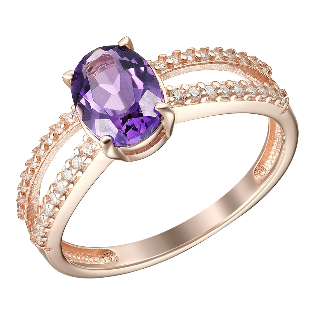 Серебряное кольцо 925 пробы; вставки 1 Аметист; 36 Фианит бесцв.;