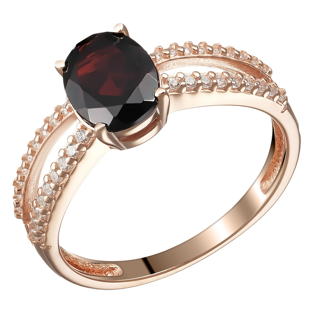 Серебряное кольцо 925 пробы; вставки 1 Гранат; 36 Фианит бесцв.;