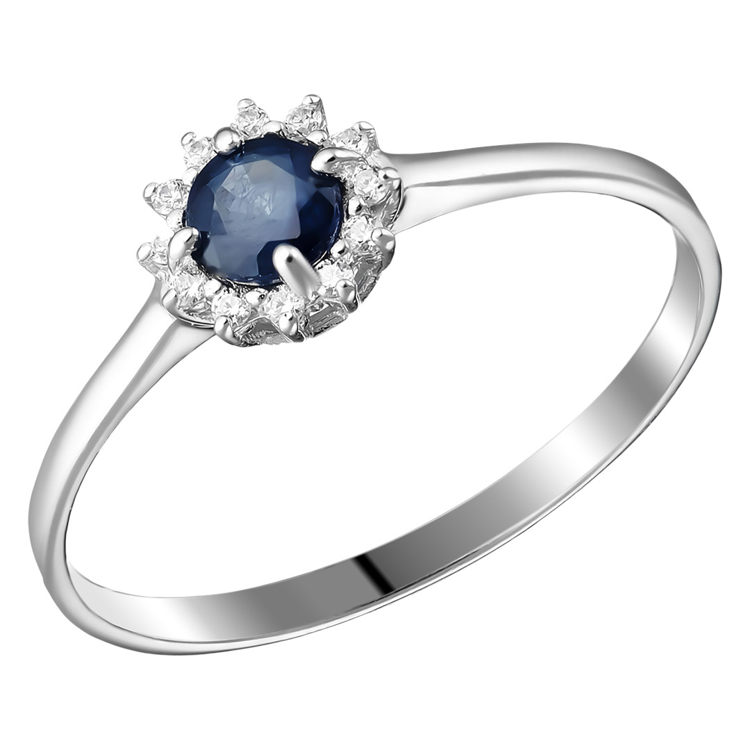 Серебряное кольцо 925 пробы; вставки 1 Сапфир U/2 0,336; 12 Фианит бесцв.;