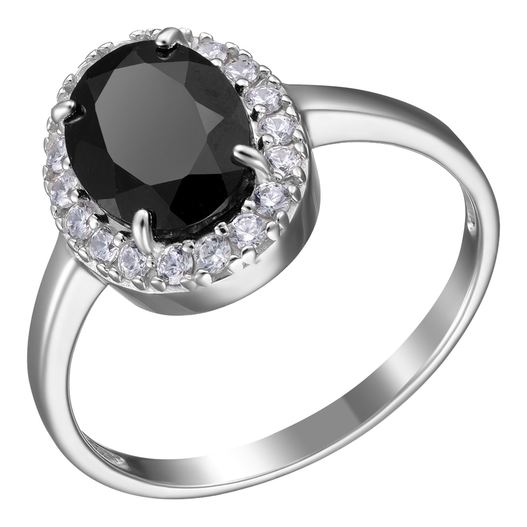 Серебряное кольцо 925 пробы; вставки 1 Турмалин черный; 18 Фианит бесцв.;