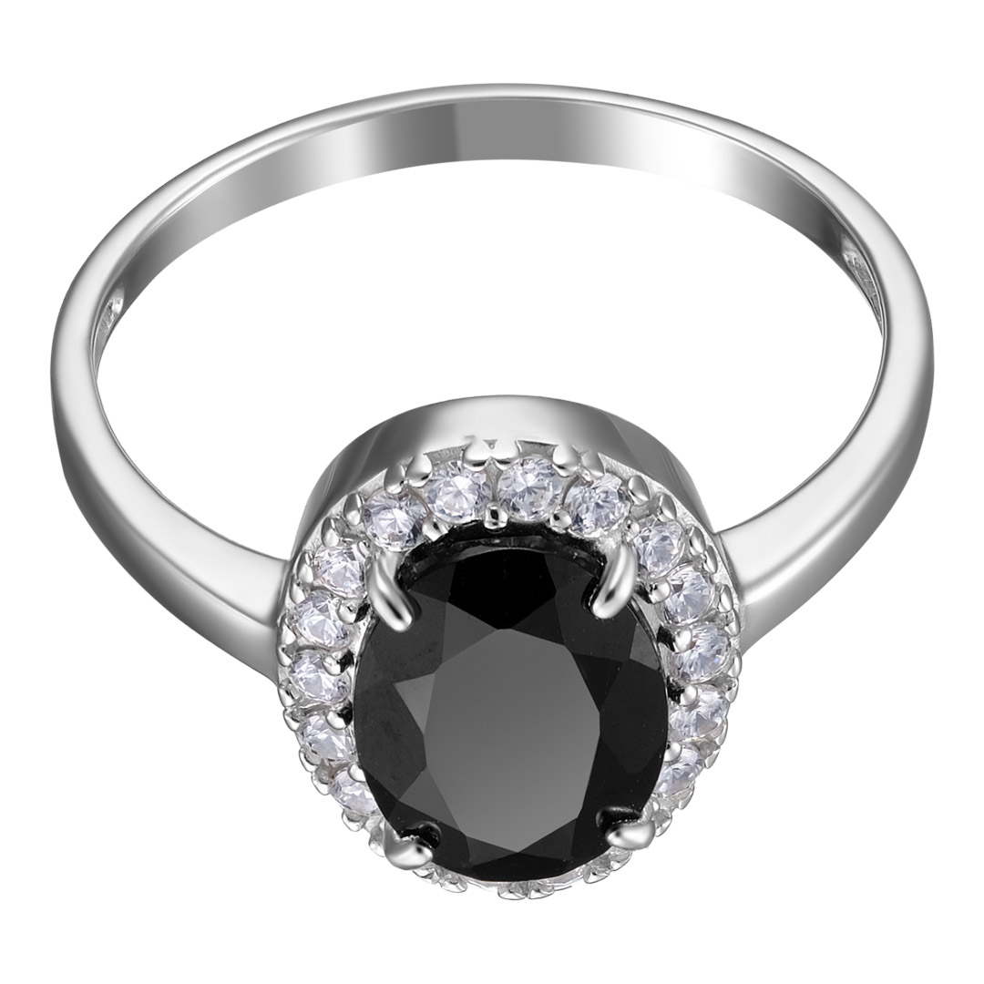 Серебряное кольцо 925 пробы; вставки 1 Турмалин черный; 18 Фианит бесцв.;