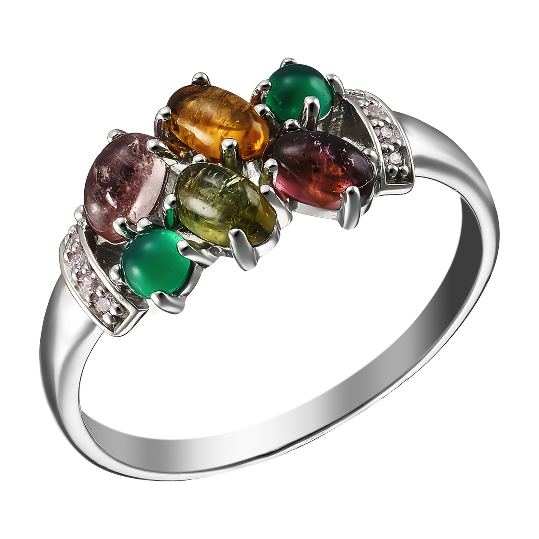 Серебряное кольцо 925 пробы; вставки 4 Турмалин мульти; 2 Агат зел.; 8 Фианит роз.;
