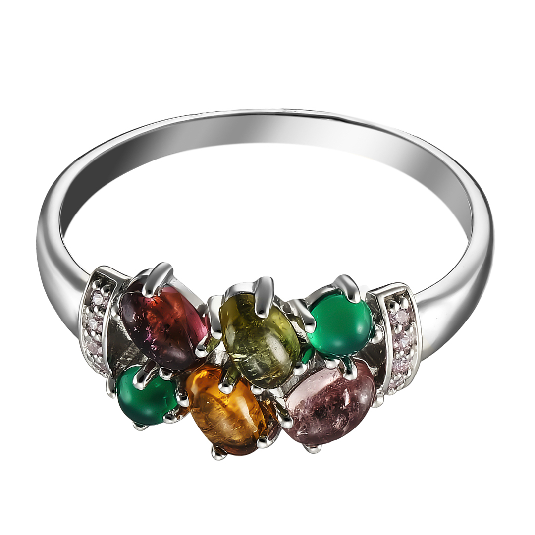 Серебряное кольцо 925 пробы; вставки 4 Турмалин мульти; 2 Агат зел.; 8 Фианит роз.;