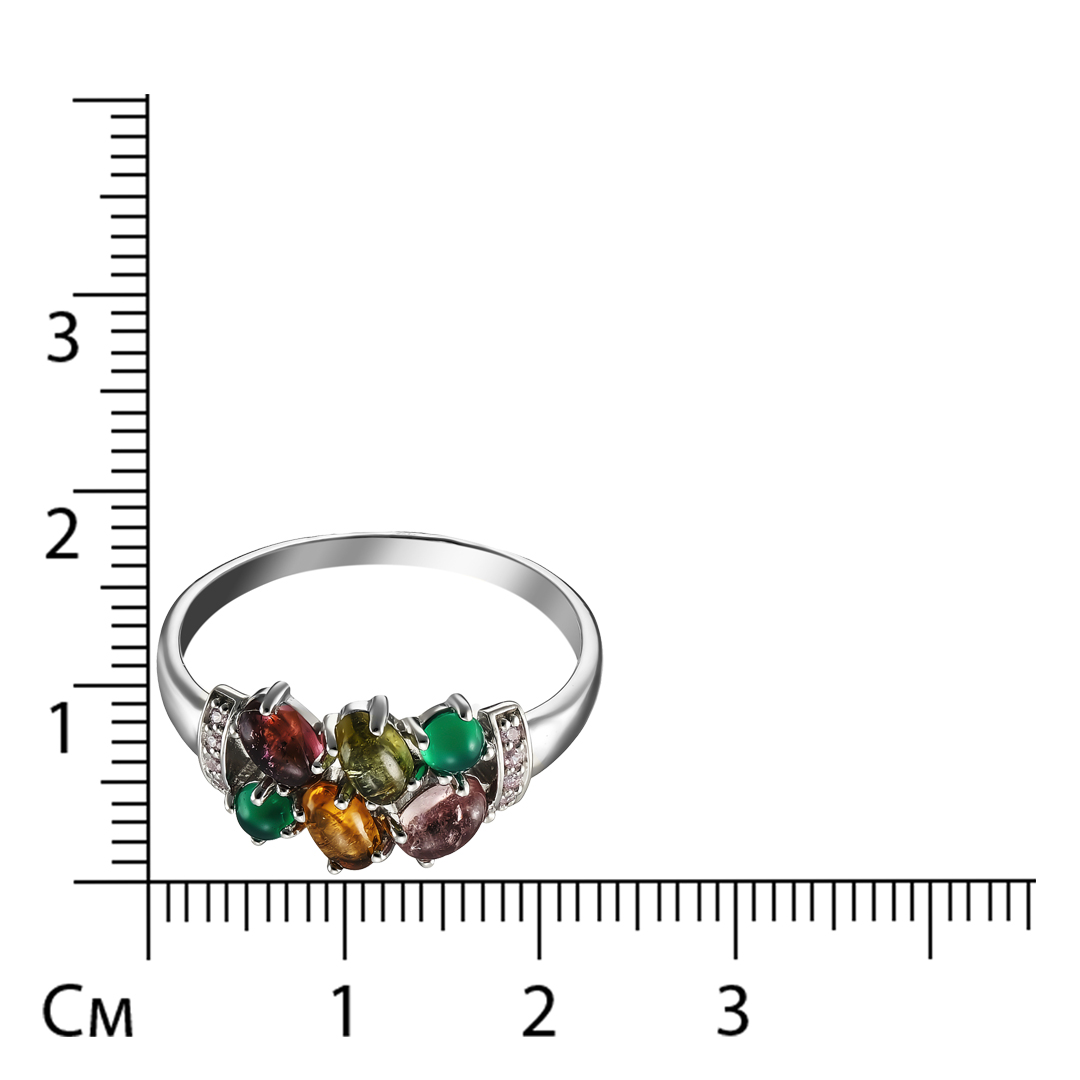 Серебряное кольцо 925 пробы; вставки 4 Турмалин мульти; 2 Агат зел.; 8 Фианит роз.;