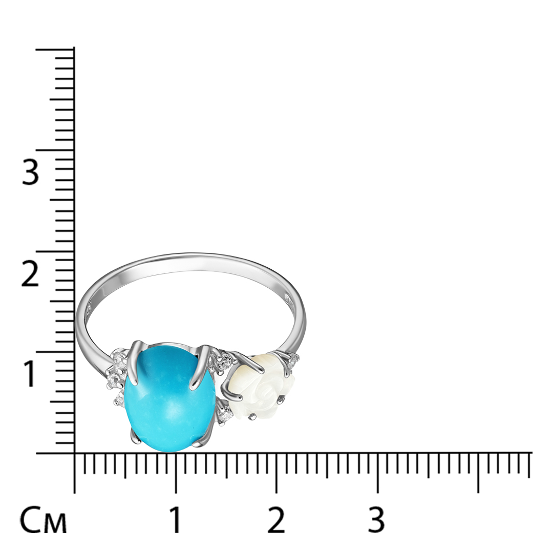 Серебряное кольцо 925 пробы; вставки 1 Бирюза; 1 Перламутр белый; 6 Фианит бесцв.;