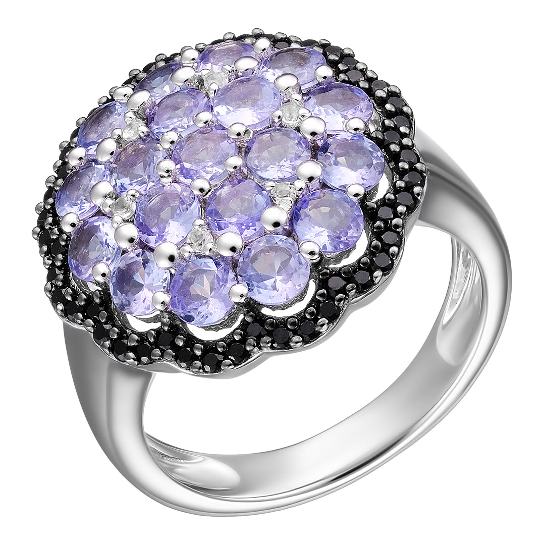 Серебряное кольцо 925 пробы; родий (бел., черн.); вставки 19 Танзанит 1,9ct; 48 Шпинель черн.; 6 Топ