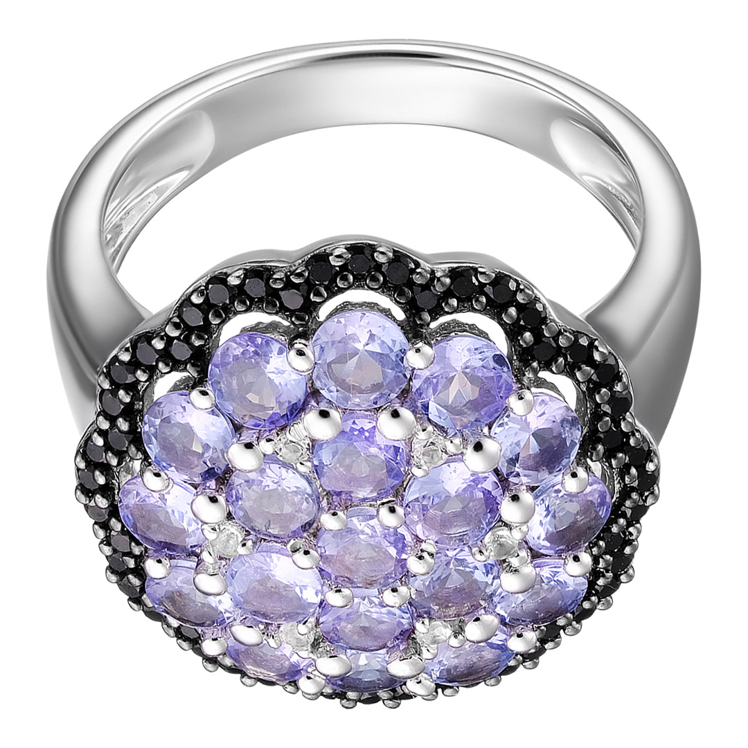Серебряное кольцо 925 пробы; родий (бел., черн.); вставки 19 Танзанит 1,9ct; 48 Шпинель черн.; 6 Топ