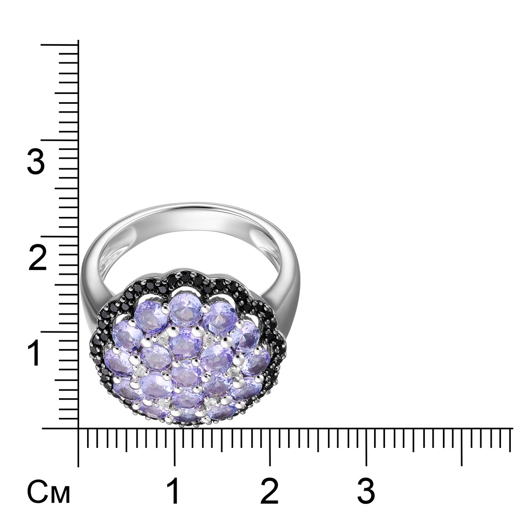 Серебряное кольцо 925 пробы; родий (бел., черн.); вставки 19 Танзанит 1,9ct; 48 Шпинель черн.; 6 Топ