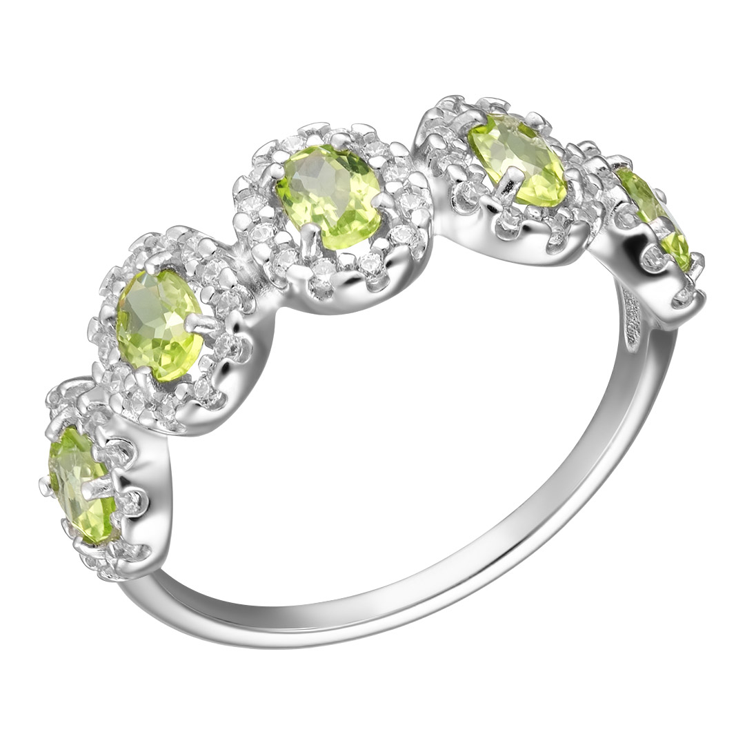 Серебряное кольцо 925 пробы; вставки 5 Хризолит; 60 Фианит бесцв.;