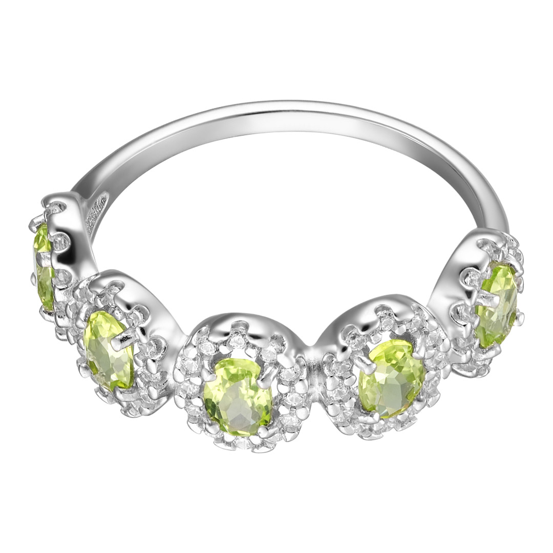 Серебряное кольцо 925 пробы; вставки 5 Хризолит; 60 Фианит бесцв.;