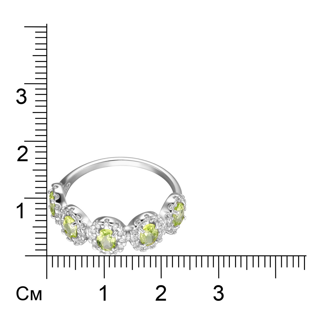 Серебряное кольцо 925 пробы; вставки 5 Хризолит; 60 Фианит бесцв.;