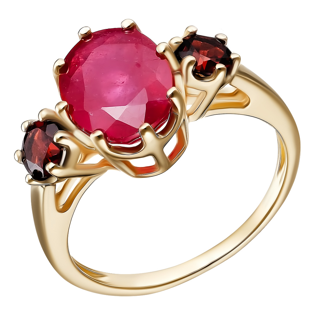 Серебряное кольцо 925 пробы; вставки 1 Рубин F/2 3,1ct; 2 Гранат;
