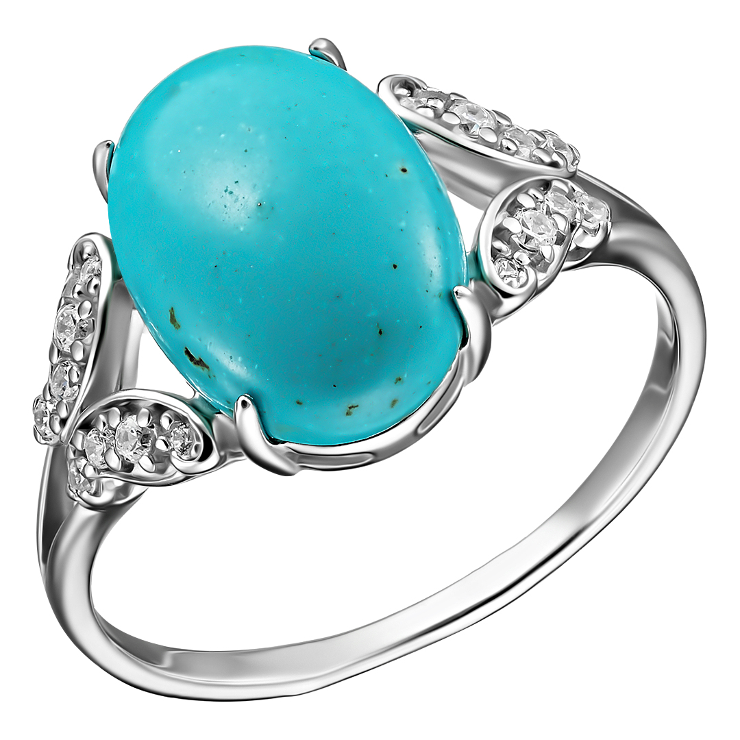 Серебряное кольцо 925 пробы; вставки 1 Бирюза; 16 Фианит бесцв.;