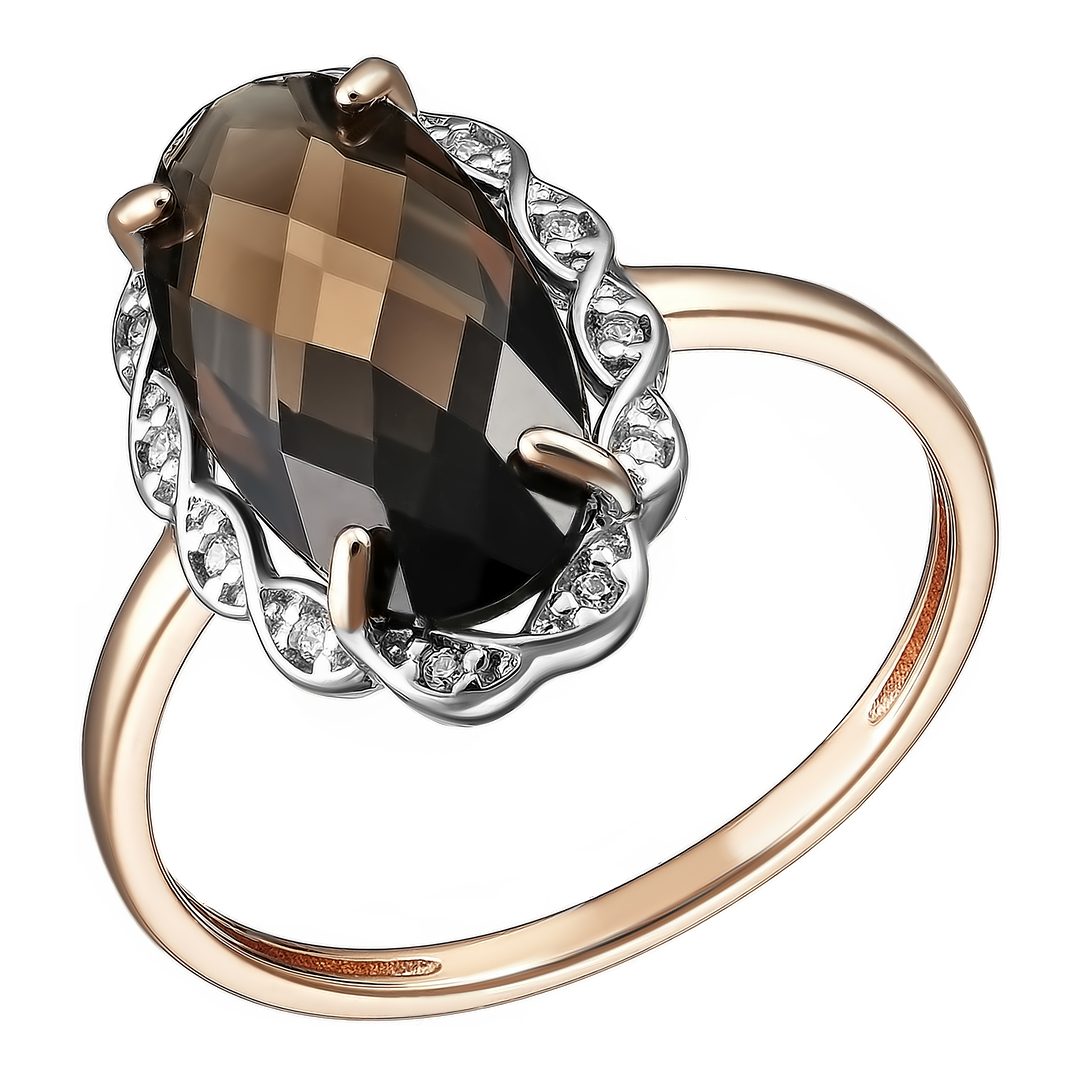 Серебряное кольцо 925 пробы; вставки 1 Раухтопаз; 12 Фианит бесцв.;