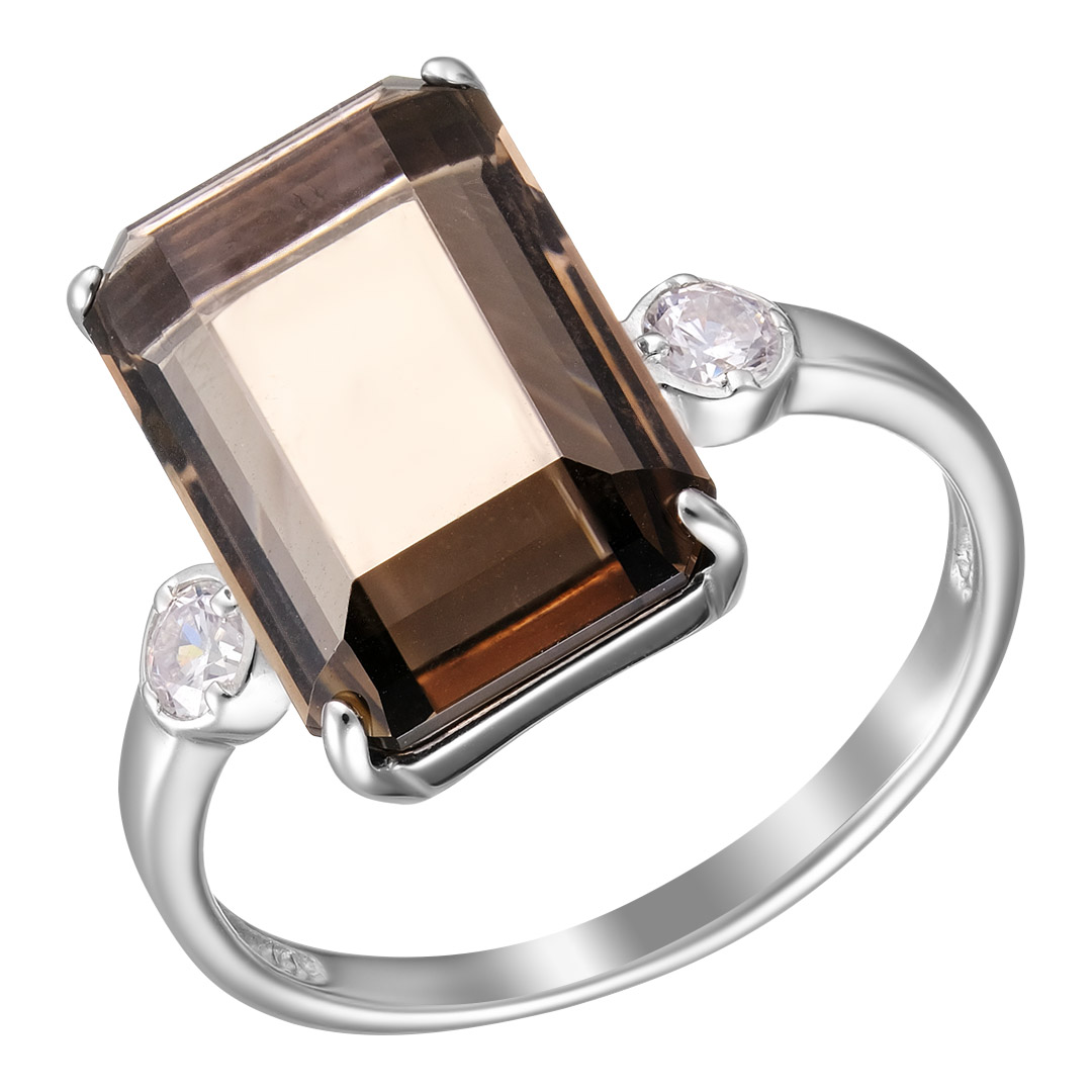 Серебряное кольцо 925 пробы; вставки 1 Раухтопаз; 2 Фианит бесцв.;