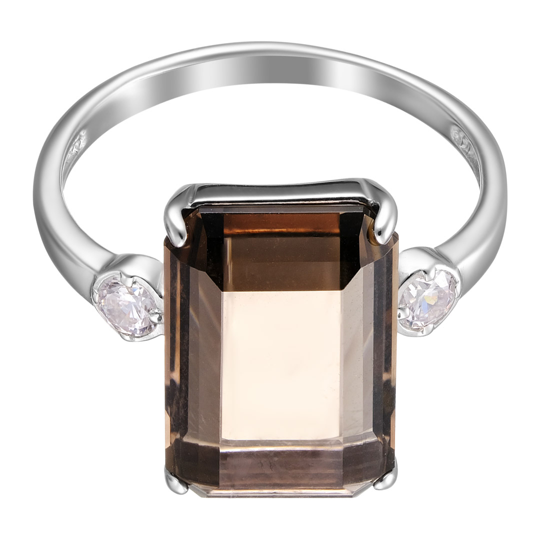 Серебряное кольцо 925 пробы; вставки 1 Раухтопаз; 2 Фианит бесцв.;