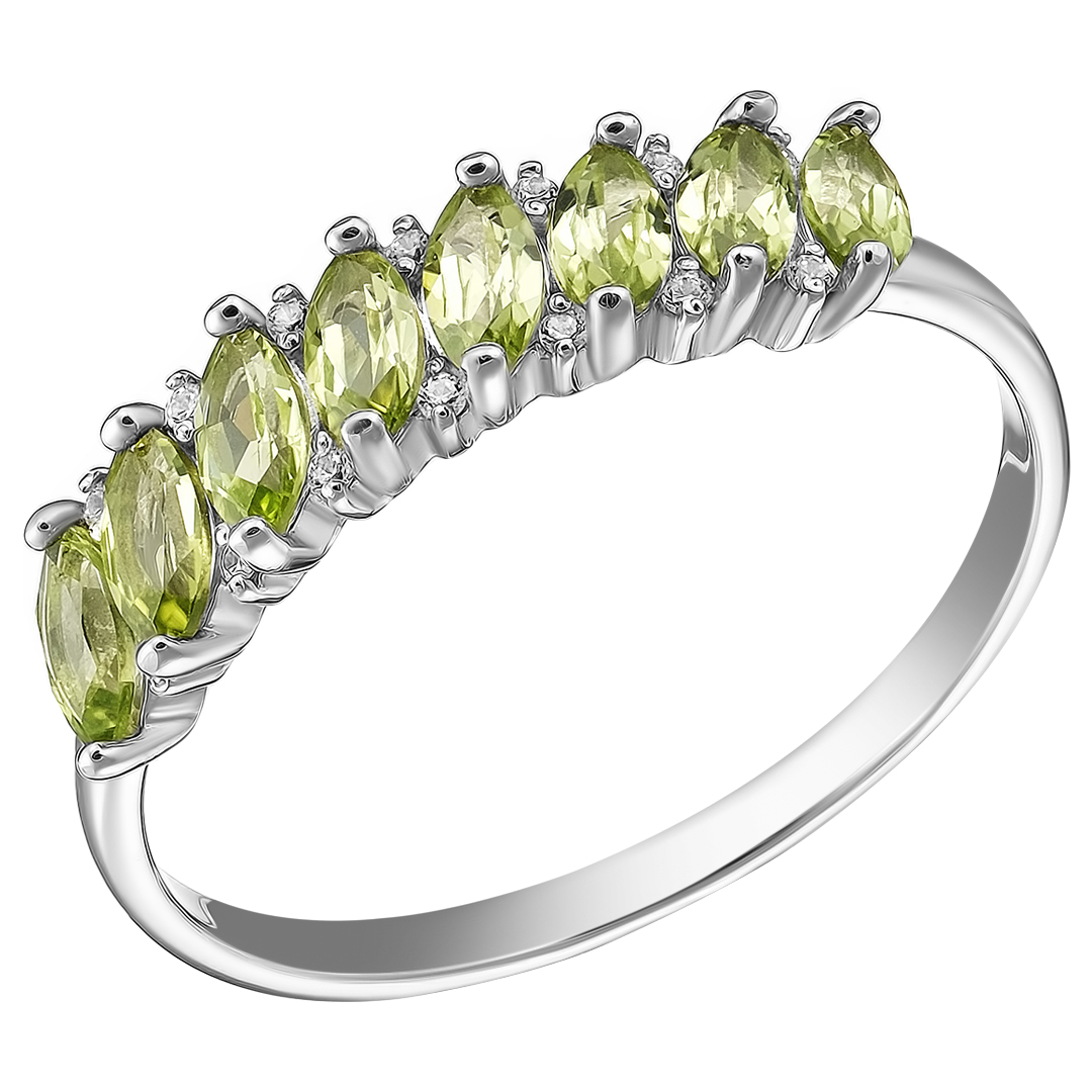 Серебряное кольцо 925 пробы; вставки 8 Хризолит; 14 Фианит бесцв.;