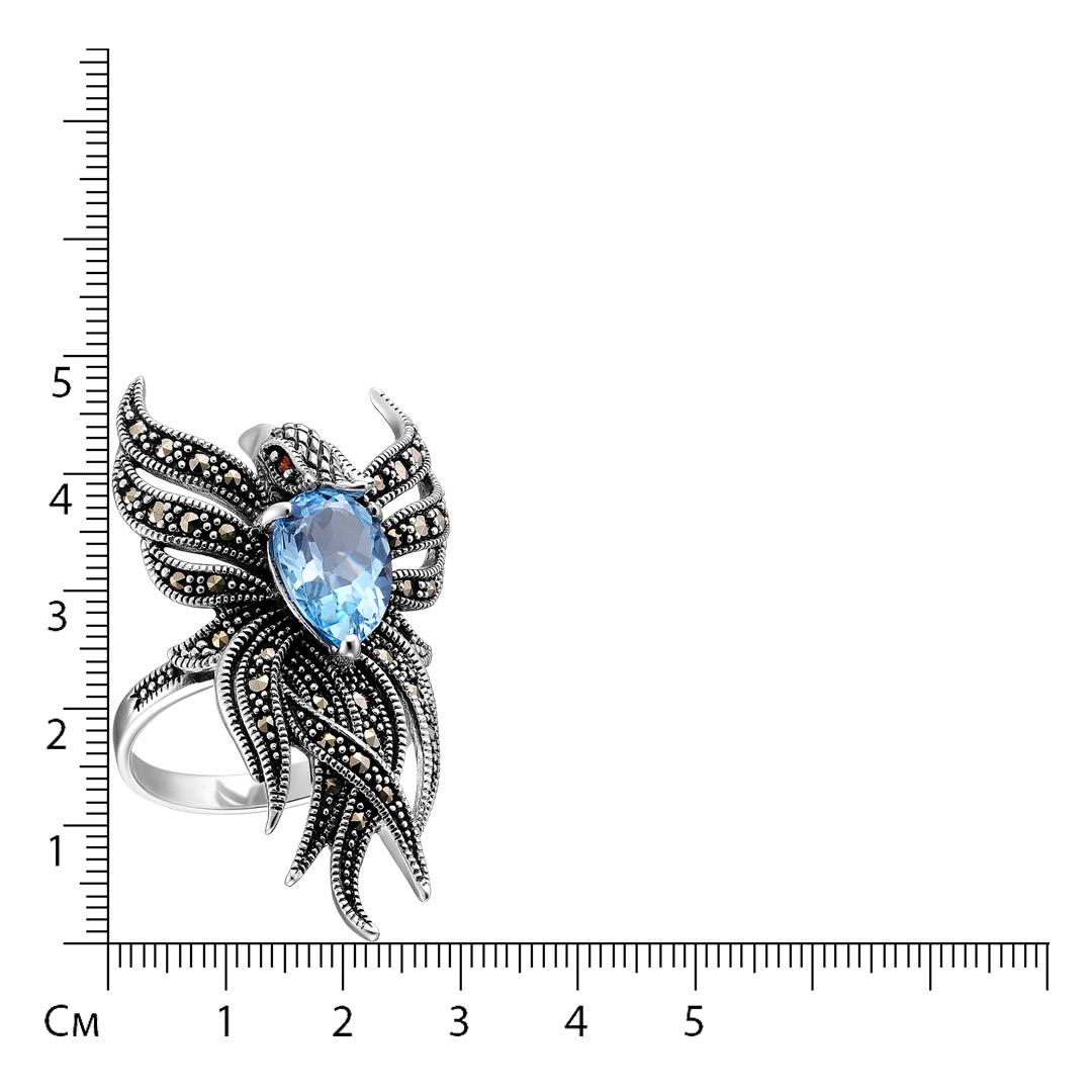 Серебряное кольцо 925 пробы; оксидирование; вставки 1 Гранат; 1 Топаз; 36 Марказит;