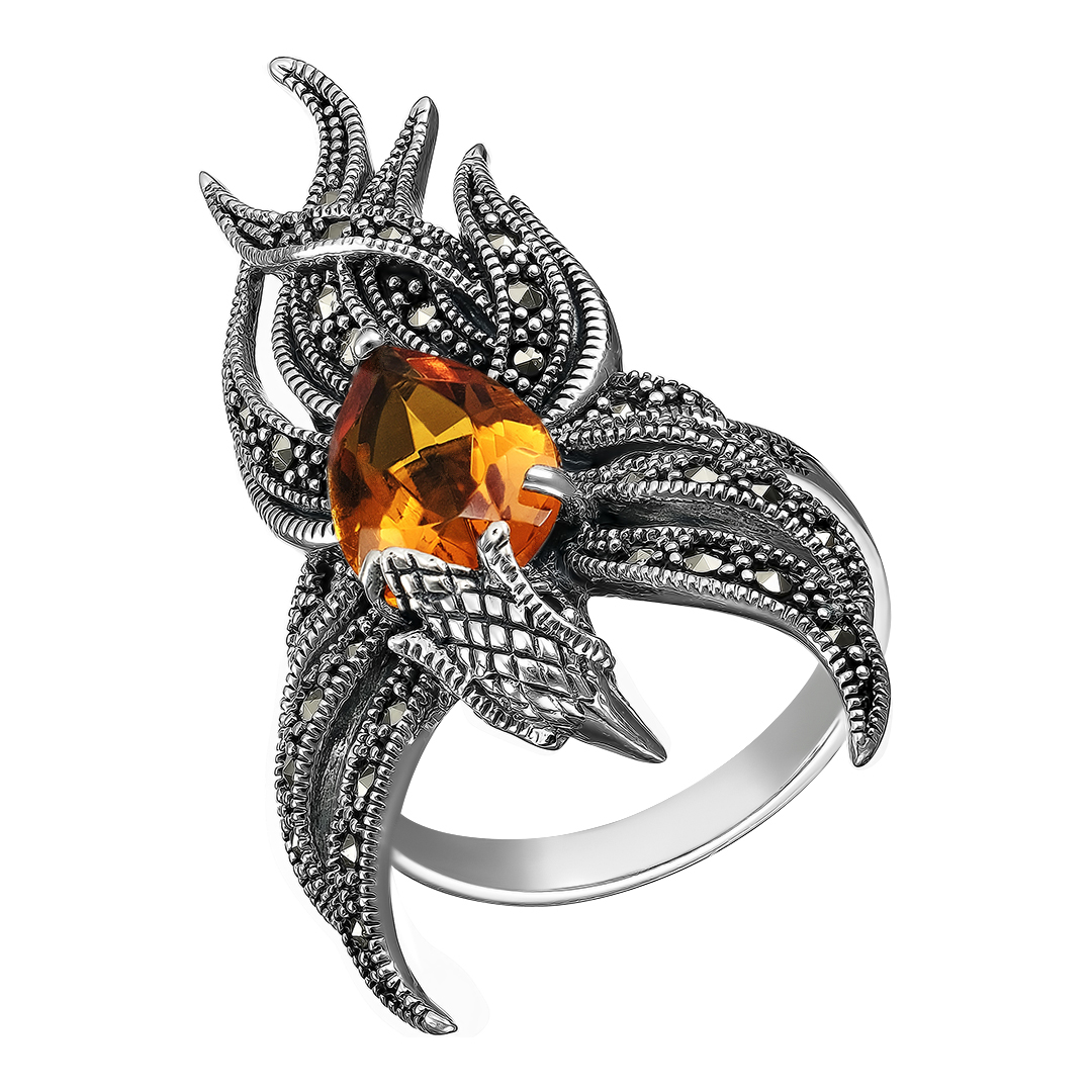 Серебряное кольцо 925 пробы; оксидирование; вставки 1 Гранат; 1 Цитрин; 36 Марказит;