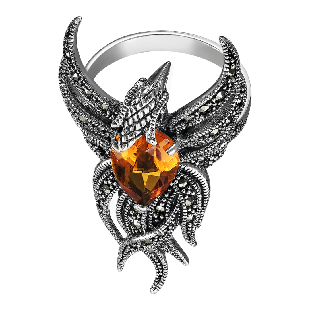 Серебряное кольцо 925 пробы; оксидирование; вставки 1 Гранат; 1 Цитрин; 36 Марказит;