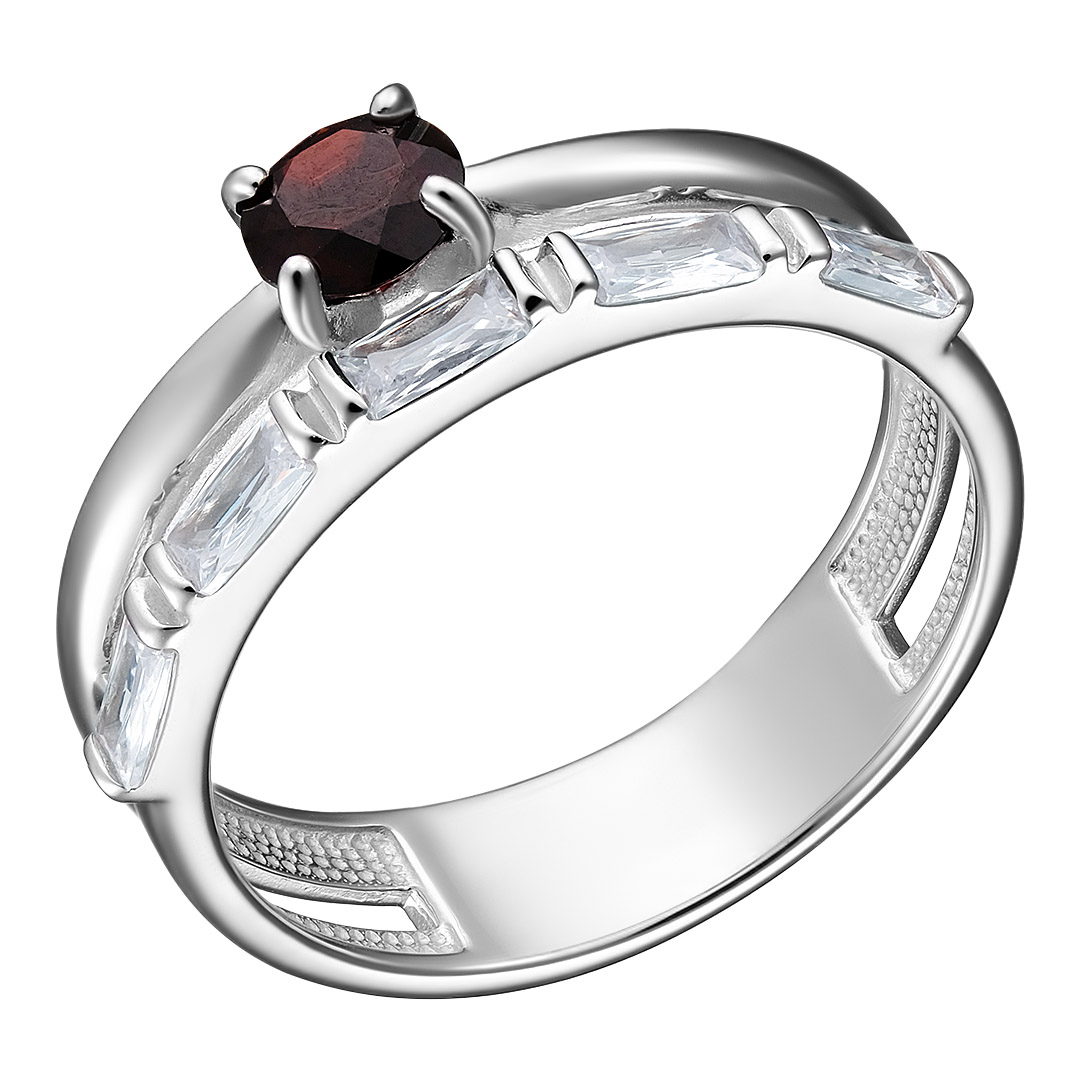 Серебряное кольцо 925 пробы; вставки 1 Гранат; 5 Фианит бесцв.;
