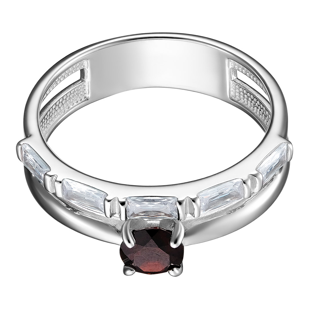 Серебряное кольцо 925 пробы; вставки 1 Гранат; 5 Фианит бесцв.;