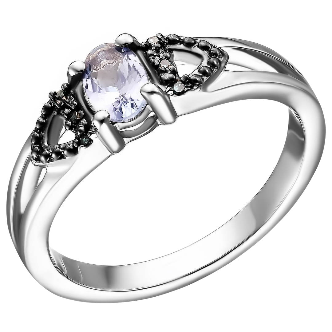 Серебряное кольцо 925 пробы; родий (бел., черн.); вставки 6 Бр.Кр-17 5/5 0,02ct; 1 Танзанит 0,42ct;