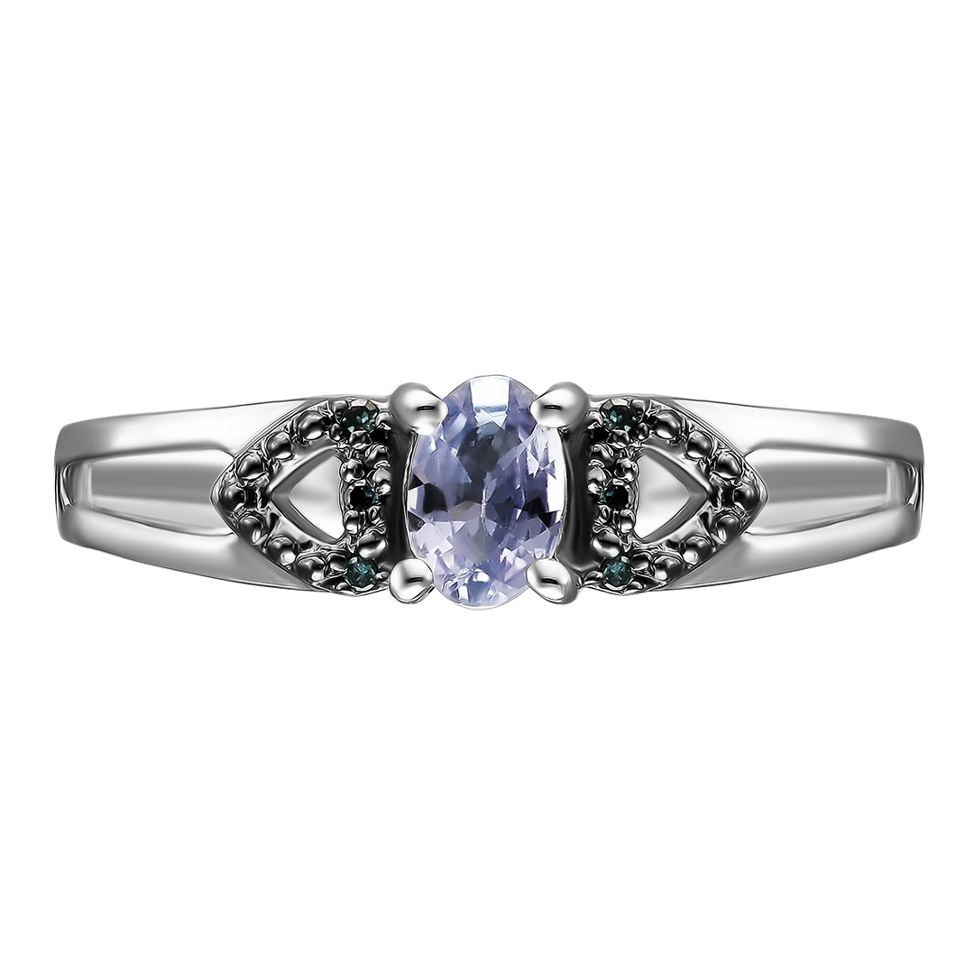 Серебряное кольцо 925 пробы; родий (бел., черн.); вставки 6 Бр.Кр-17 5/5 0,02ct; 1 Танзанит 0,42ct;